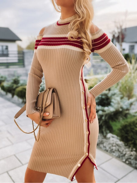 

Elegant Striped Crew Neck Wool/Knitting Dress, Light khaki, Midi Dresses