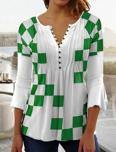 

V Neck Color Block Casual Loose Top, Green, Tops