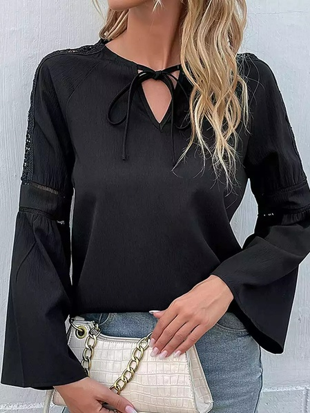 

Casual Plain Loose V Neck Top, Black, Tops