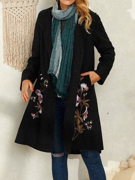 

Floral Casual Shawl Collar Overcoat, Black, Coats