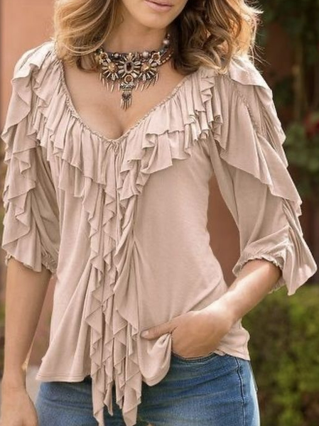 

Plain Casual V Neck Loose Top, Apricot, Tops