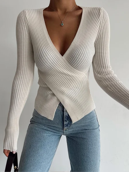 

Regular Fit Cross V Neck Urban Sweater, Off white, Pullovers