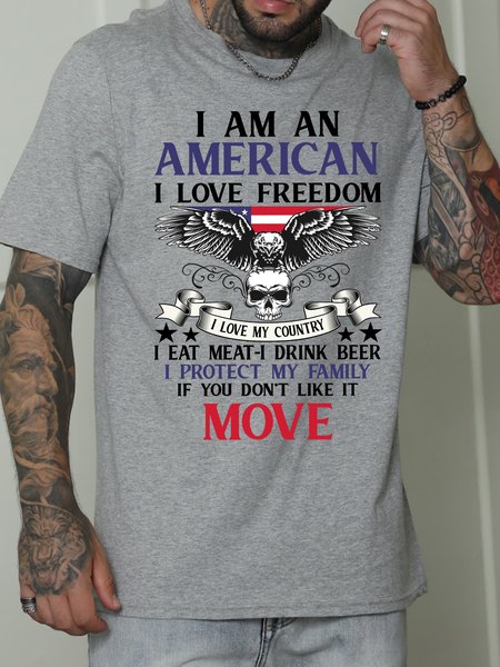 

Lilicloth X Manikvskhan I Am An American I Love Freedom I Eat Meat I Drink Beer I Protect My Family Men's T-Shirt, Light gray, T-shirts