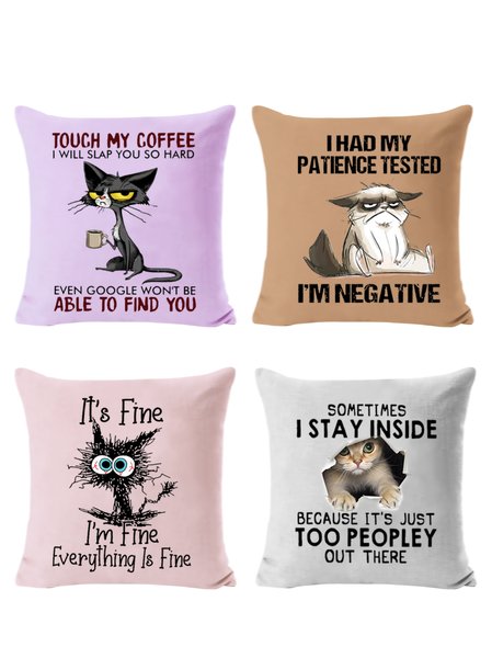 

18*18 Set of 4 Funny I Am Fine Black Cat Letter Backrest Cushion Pillow Covers, Decorations For Home, Color3, Pillow Covers