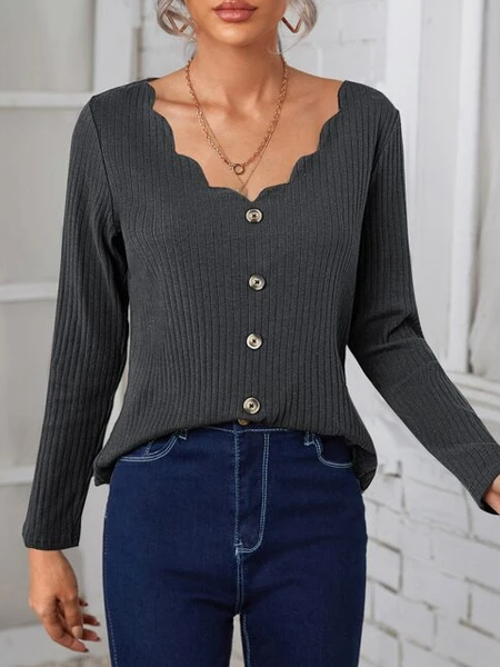 

Shell Collar Button Down Long Sleeve T-shirt, Deep gray, T-Shirts