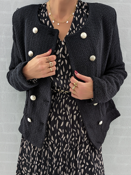 

Loose Crew Neck Casual Cotton-Blend Jacket, Black, Jackets