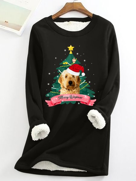 

Loose Simple Dog Crew Neck Womens Warmth Fleece Sweatshirt, Black, Hoodies&Sweatshirts