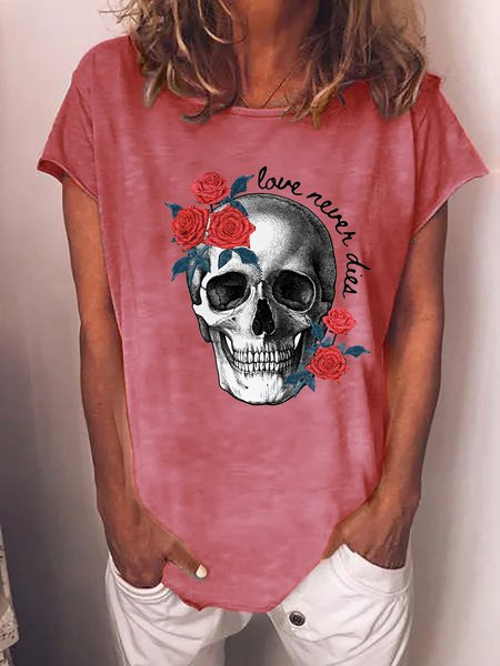 

Women's Funny Valentine Skull Love Never Dies Loose Text Letters Casual T-Shirt, Pink, T-shirts