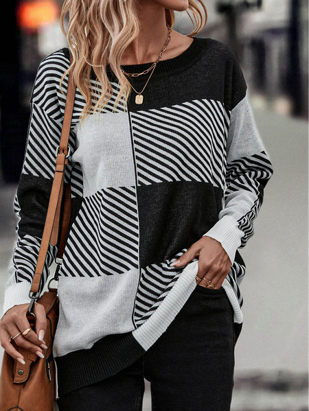

Black and White Contrasting Crew Neck Knit Sweater, Tops