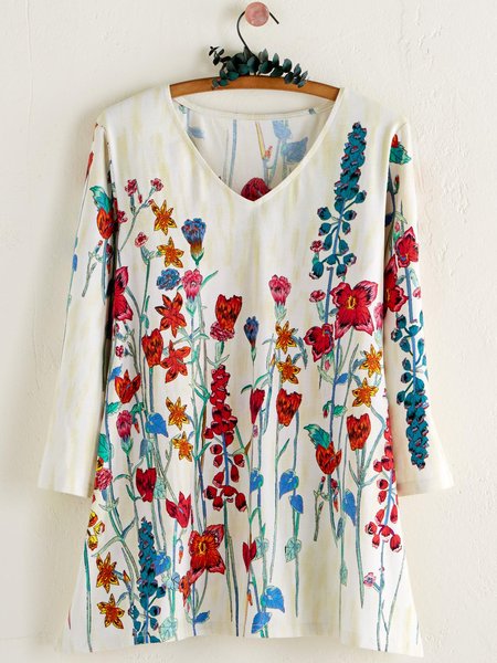 

V Neck Loose Floral Casual T-Shirt, Off white, T-Shirts