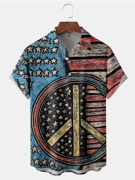 

America Flag Peace&Love Chest Pocket Short Sleeve Shirt, Red, Men Shirts