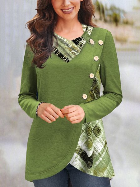 

Geometric V Neck Casual Cotton-Blend Top, Green, Tops