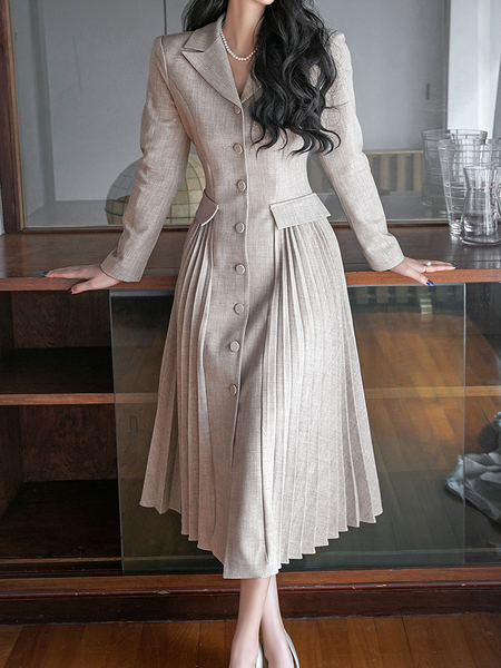 

Regular Fit Plain Lapel Collar Long sleeve Urban Midi Dress, Apricot, Midi Dresses