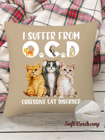 

18*18 Throw Pillow Covers, Cat Soft Corduroy Cushion Pillowcase Case for Living Room, Khaki, Pillow Covers