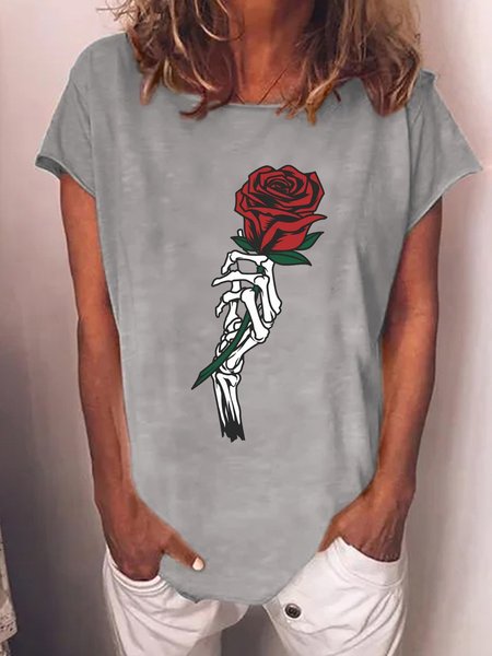 

Women's Skeleton Hand Roses Cotton-Blend Casual T-Shirt, Gray, T-shirts
