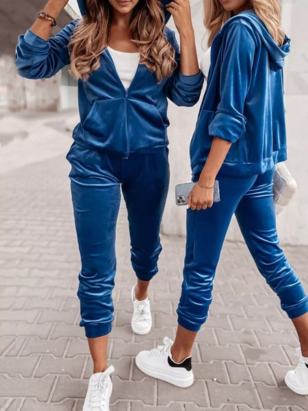 

Hoodie Velvet Casual Loose Two-Piece Set, Blue, Suit Set