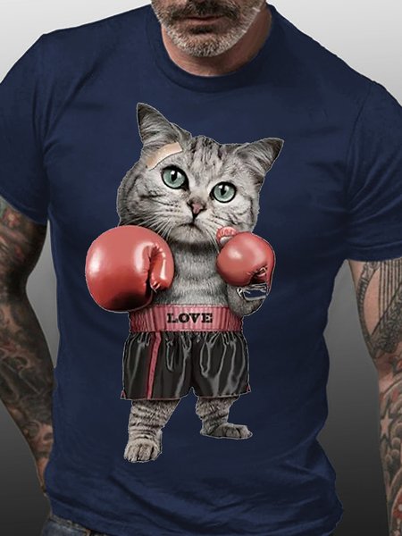 

Men's Boxing Cat Funny Graphic Print Casual Cotton T-Shirt, Purplish blue, T-shirts