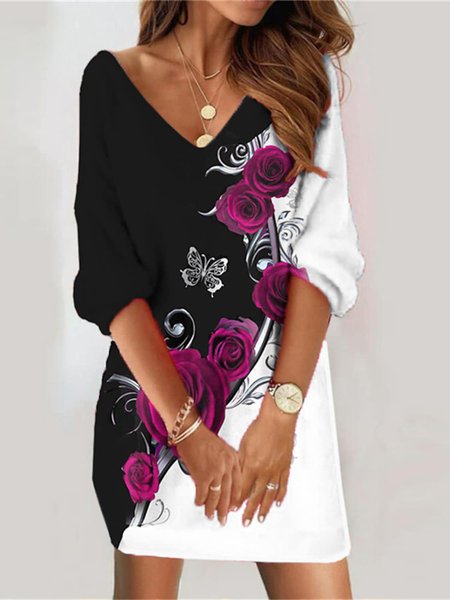 

Casual V Neck Loose Color Block Floral Dress, Black-white, Mini Dresses