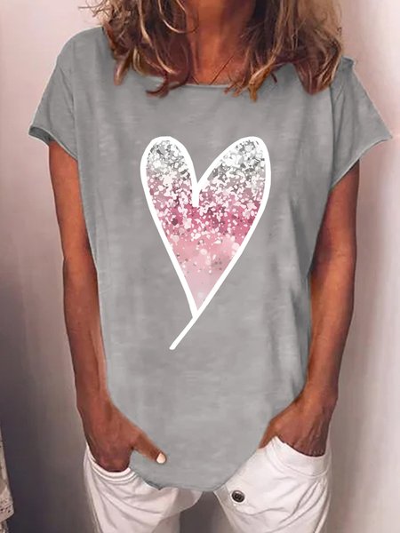 

Women‘s Heart Shape Cherry Print Cotton-Blend Casual Crew Neck T-Shirt, Gray, T-shirts