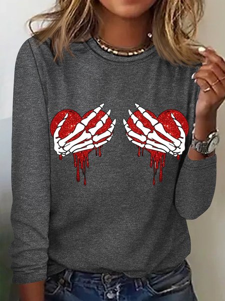 

Women's Valentine's Day Skeleton Heart Cotton-Blend Crew Neck Long Sleeve Top, Gray, Long sleeves