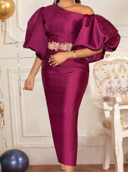 

Puff Sleeve Asymmetrical Elegant Dress & Party Dress, Fuchsia, Midi Dresses