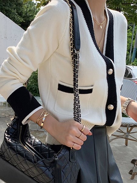 

V Neck Loose Simple Color Block Sweater Coat, White, Cardigans