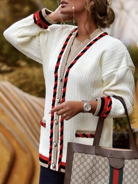 

Long sleeve Elegant V Neck Regular Fit Sweater Coat, White, Cardigans