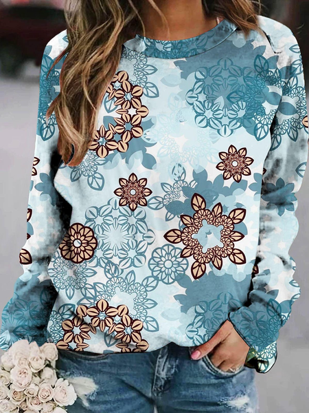 

Floral Crew Neck Casual Loose Sweatshirt, Blue, Sweatshirts & Hoodies