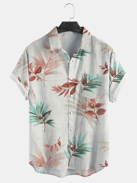 

Hawaiian Floral Chest Pocket Vacation Shirt, Light gray, Short Sleeve Shirts