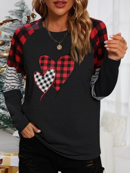 Valentine's Day Casual Crew Neck Loose Color Block T Shirt