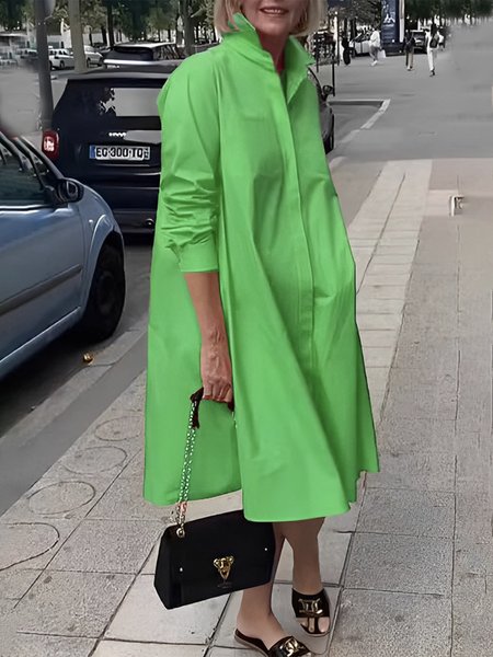 

Shirt Collar Plain Loose Urban Long Sleeve Knee Dress, Green, Midi Dresses