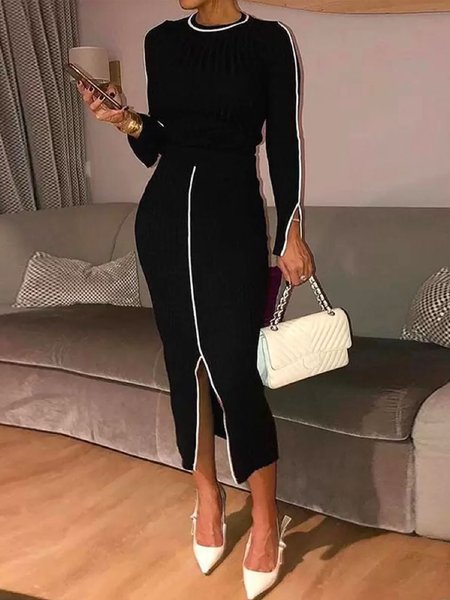 

Crew Neck Elegant Color Block Long Sleeve Dress, Black, Midi Dresses