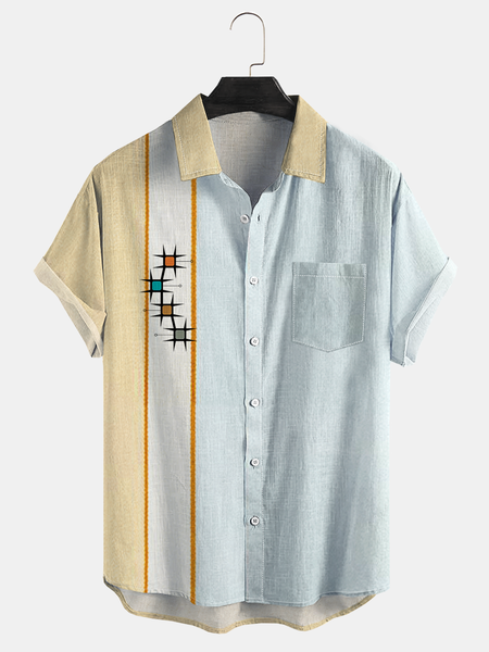 

Mid Century Chest Pocket Casual Short Sleeve Bowling Shirt, Blue, Men Shirts