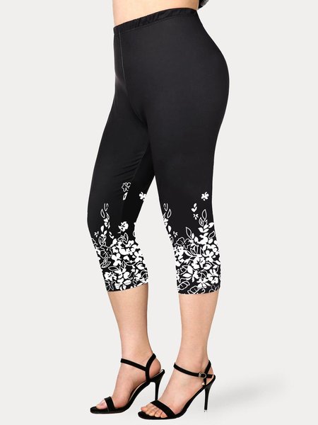 

Plus Size Jersey Floral Casual TightLeggings, Black, Leggings
