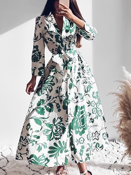 

Elegant Floral Shirt Collar Regular Fit Maxi Dress, Green, Midi Dresses