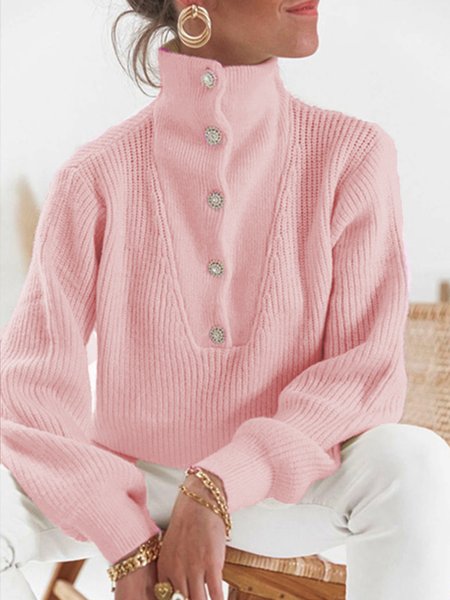 

Daily Causal Plain Buttoned Sweater, Pink, Pullovers