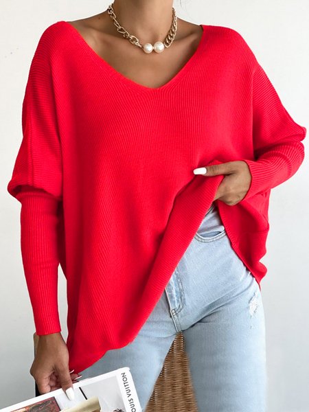

Women Christmas Red V Neck Plain Loose Dolman Sleeves Designed T-Shirt, T-Shirts