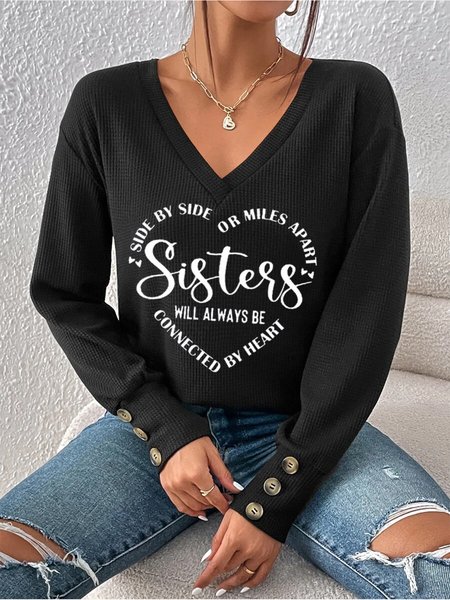 

Loose Text Letters Casual V Neck T-Shirt, Black, T-Shirts