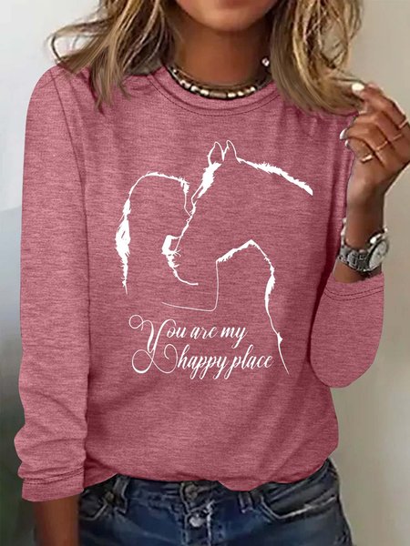 

Women's Funny Horse And Girl You Are My Happy Place Print Letters Casual Top, Rose red, Long sleeves