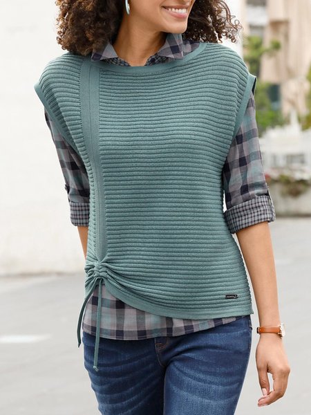 

Casual Crew Neck Drawstring Loose Sweater, Green, Tops