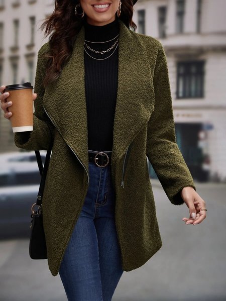 

Polar Fleece Loose Shawl Collar Casual Overcoat, Army green, Outerwear