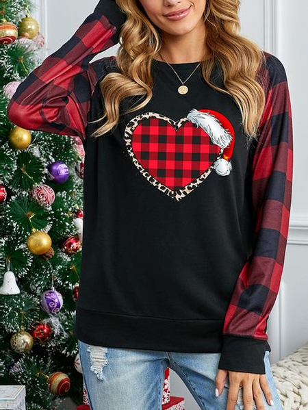 

Plaid Casual Loose Crew Neck T-Shirt, Black, T-Shirts