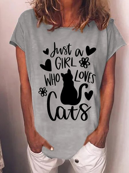 

Women's Funny Word A Girl Who Loves Cats Cotton-Blend Loose Casual T-Shirt, Gray, T-shirts
