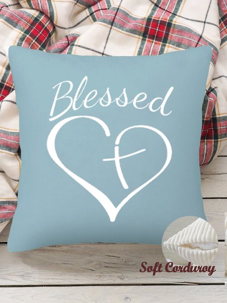 

18*18 Throw Pillow Covers, Christian Blessed Heart Print Soft Corduroy Cushion Pillowcase Case for Living Room, Blue, Pillow Covers
