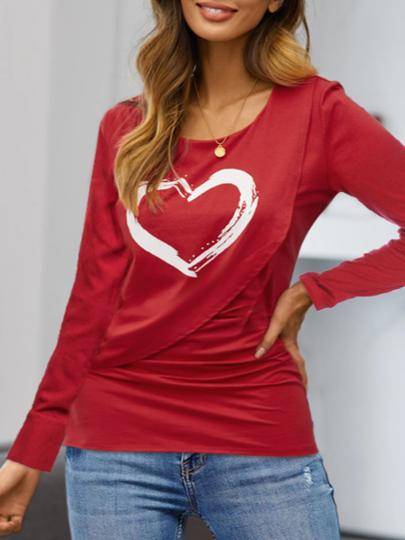 

Crew Neck Heart/Cordate Casual Loose T-Shirt, Red, T-Shirts