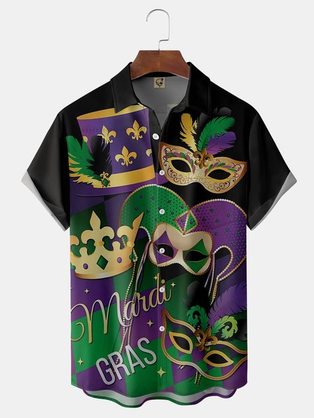 

Mardi Gras Mask Chest Pocket Short Sleeve Shirt, Green, Men Shirts