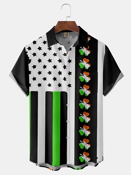 

St. Patrick's Day Chest Pocket Short Sleeve Shirt, Black, Men Shirts