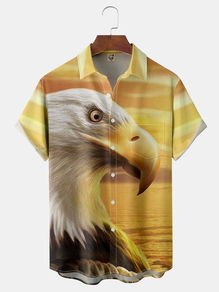 

Animal Eagle Chest Pocket Short Sleeve Shirt, Yellow, Men Shirts