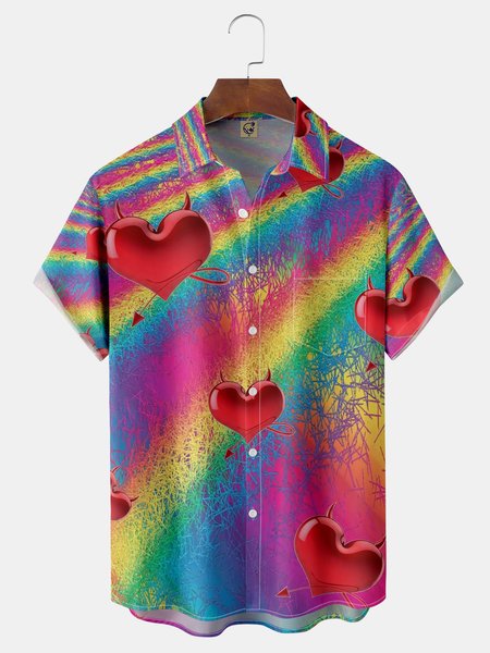 

Heart Chest Pocket Short Sleeve Shirt, Red, Men Shirts