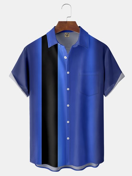 

Geometric Colorblock Chest Pocket Short Sleeve Bowling Shirt, Blue, Men Shirts
